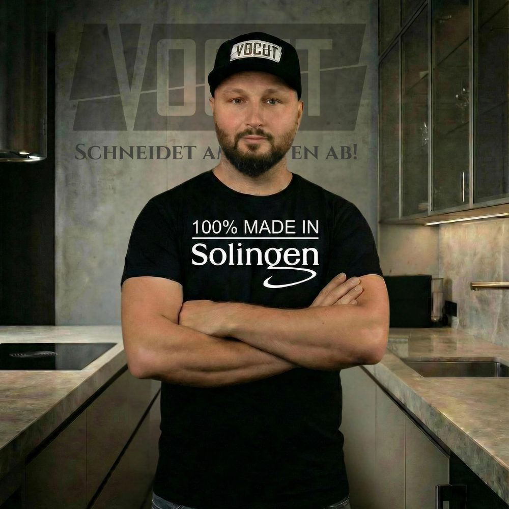 alt="Orazio Vella Gründer von VOCUT aus Solingen mit 100% Made in Solingen Shirt"