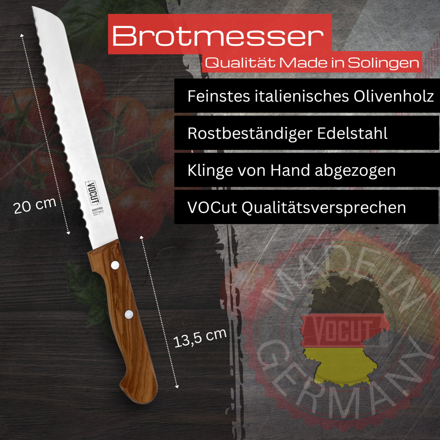 VOCut Solingen Brotmesser 20cm Klinge Edelstahl Olivenholz Griff