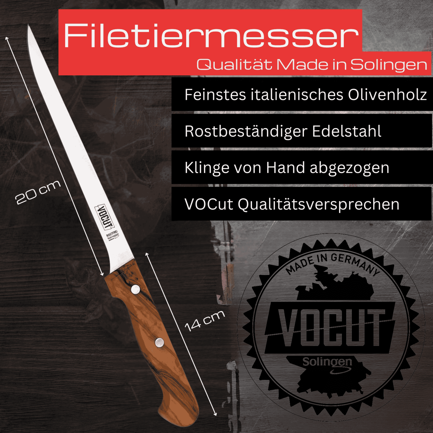 VOCut Filiermesser Solingen 20cm Olivenholzgriff Fischfiliermesser Edelstahl