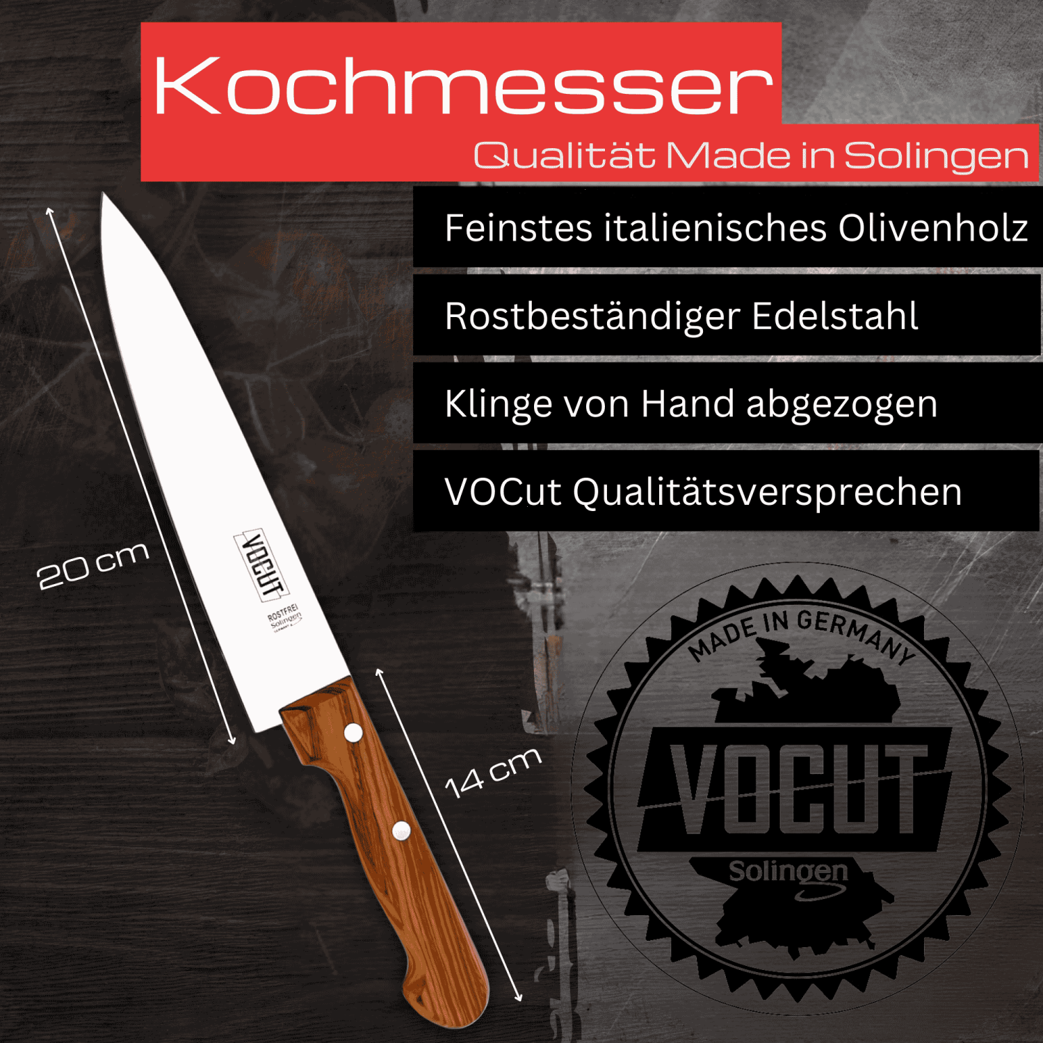 VOCut Kochmesser Solingen 20 cm scharf Olivenholzgriff Edelstahlklinge rostfrei