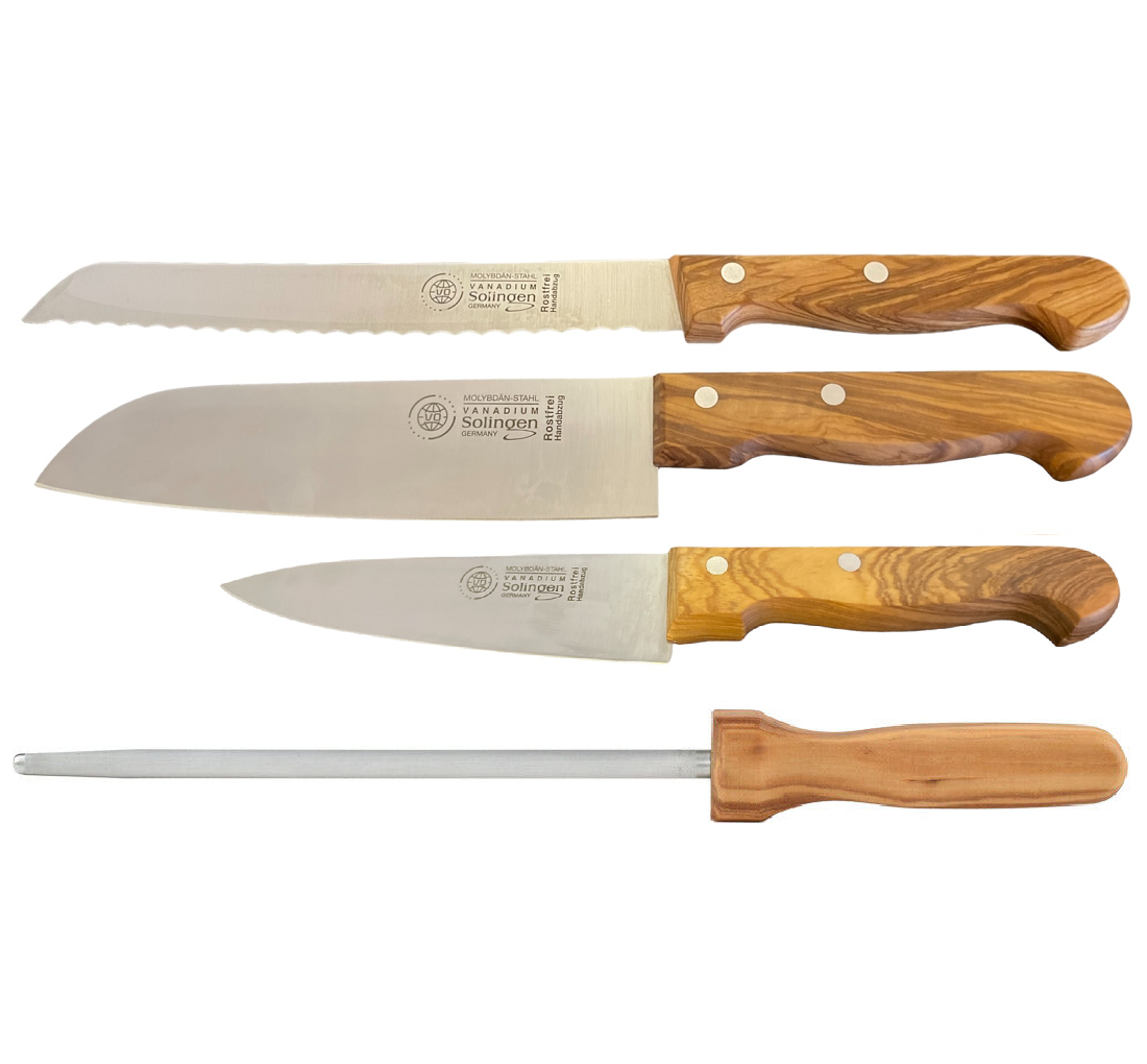 Messerset Solingen Küchenmesser 4er Set Olivenholz Kochmesser Brotmesser Santoku