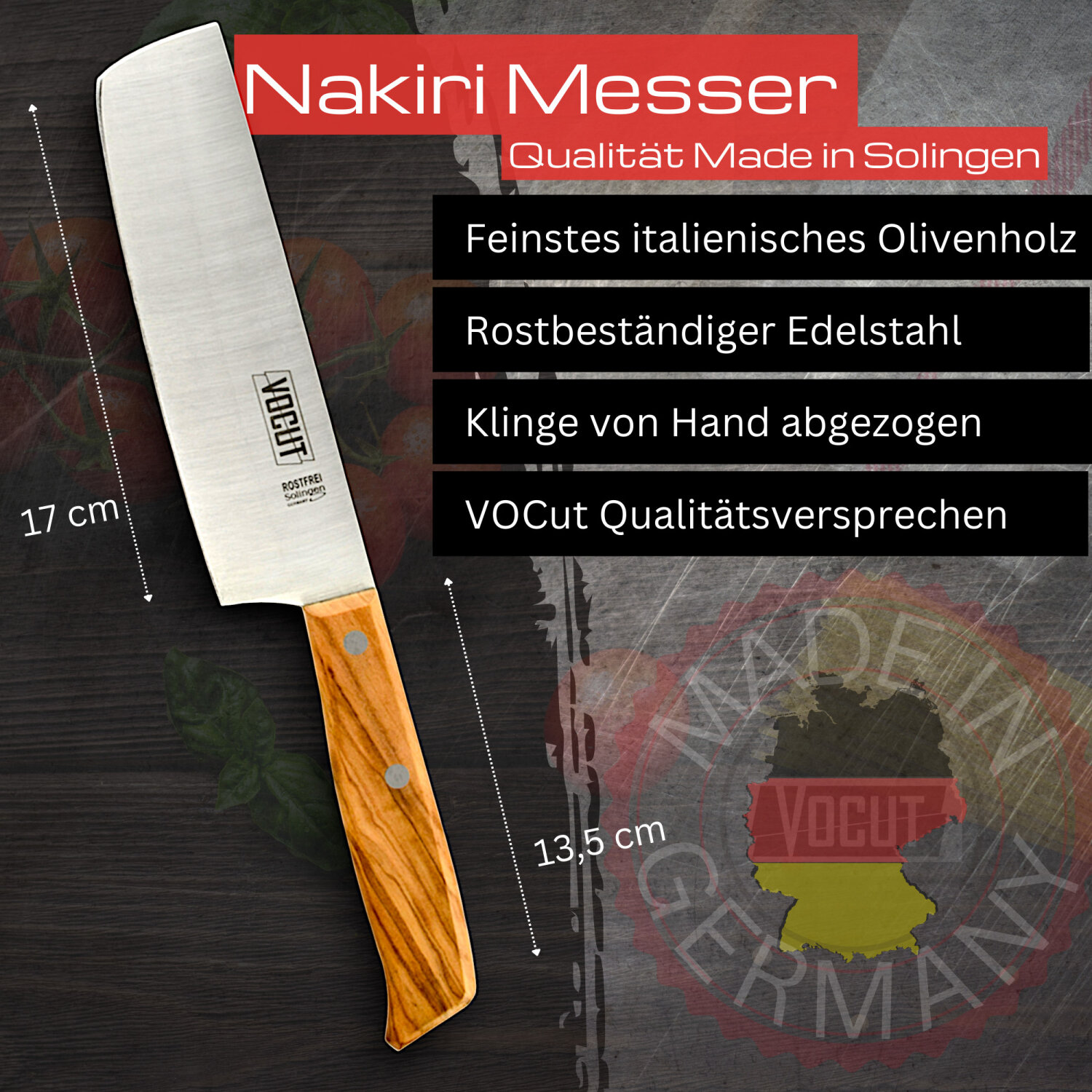 VOCUT Nakiri Messer Solingen 17cm Klinge Olivenholzgriff Rostfrei Allzweckmesser