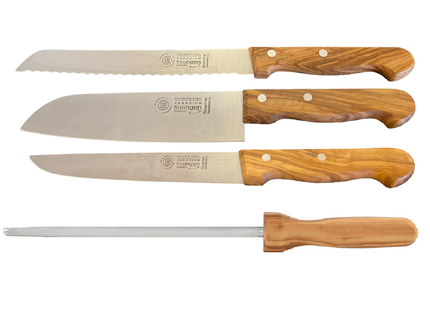 Messerset Solingen Küchenmesser 4er Set Olivenholz Kochmesser Brotmesser Santoku