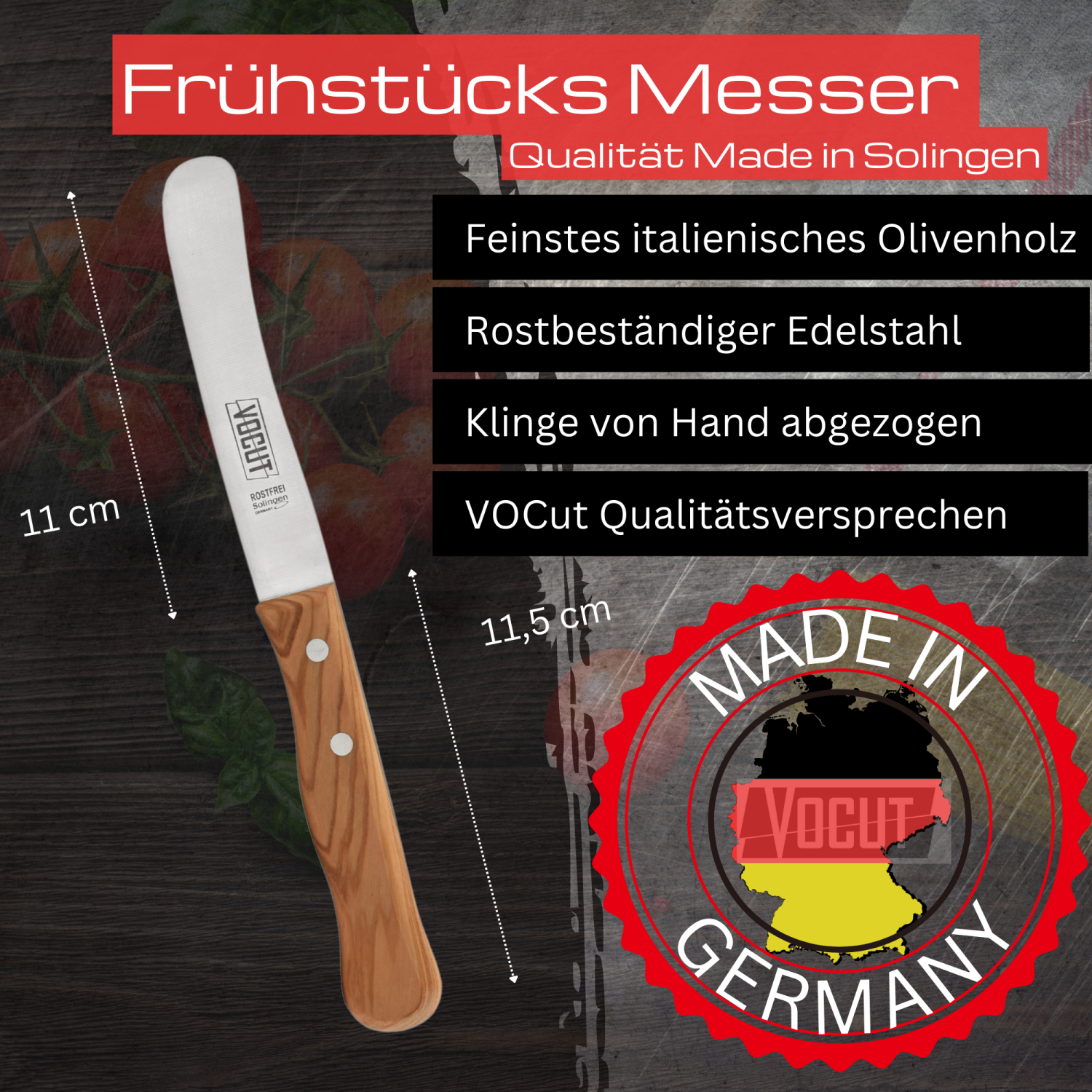 VOCut Brötchenmesser Solingen Buckelsmesser 11cm Olivenholzgriff Edelstahlklinge