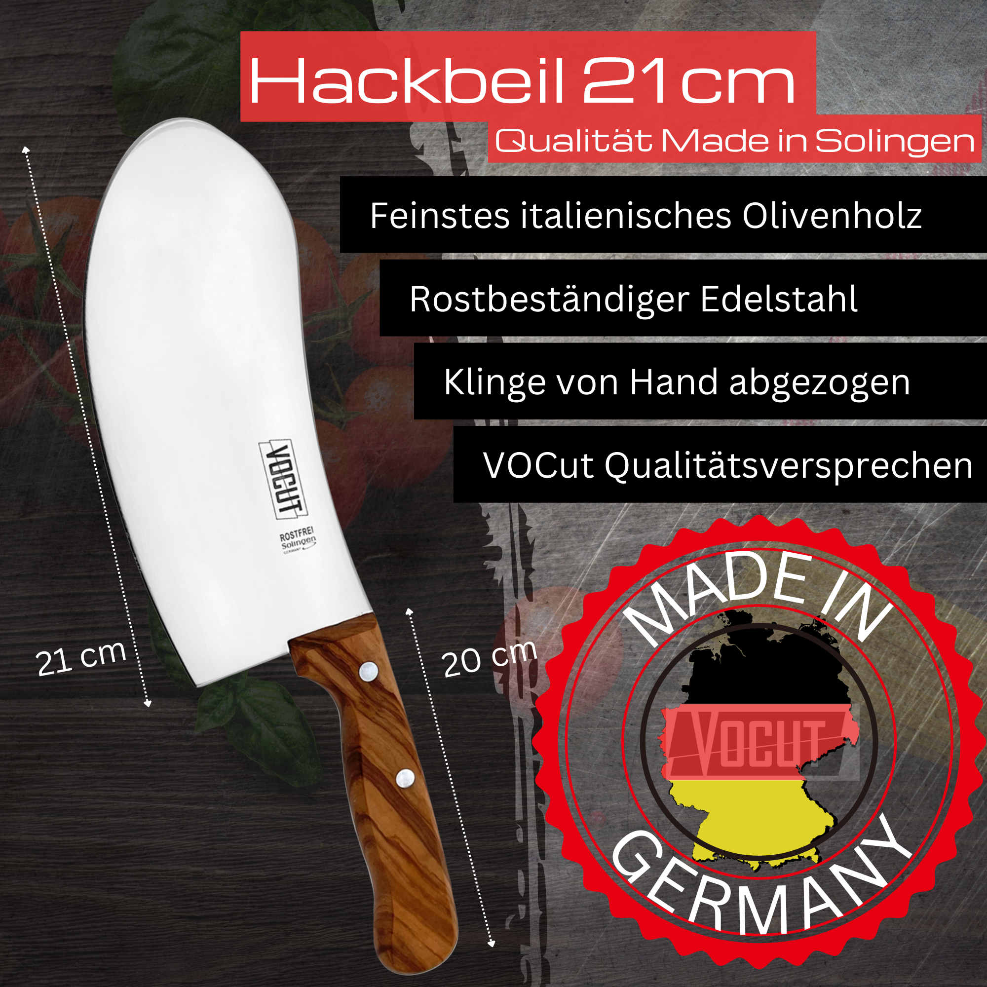 VOCut Wiegemesser Solingen Hackbeil Metzgerbeil Fleischerbeil 21 cm Olivenholz