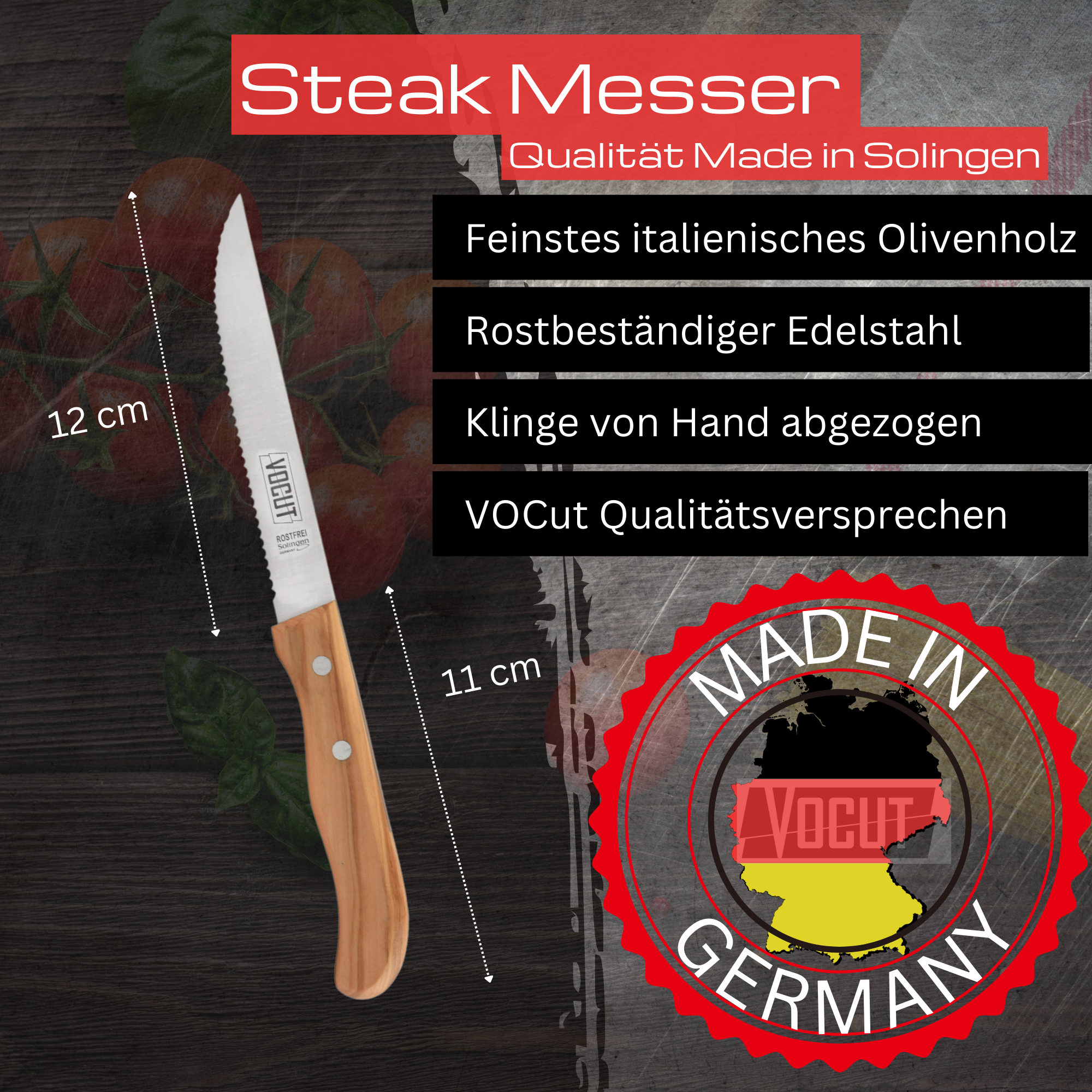 VOCut Steakmesser Solingen Olivenholzgriff Klinge Rostfrei