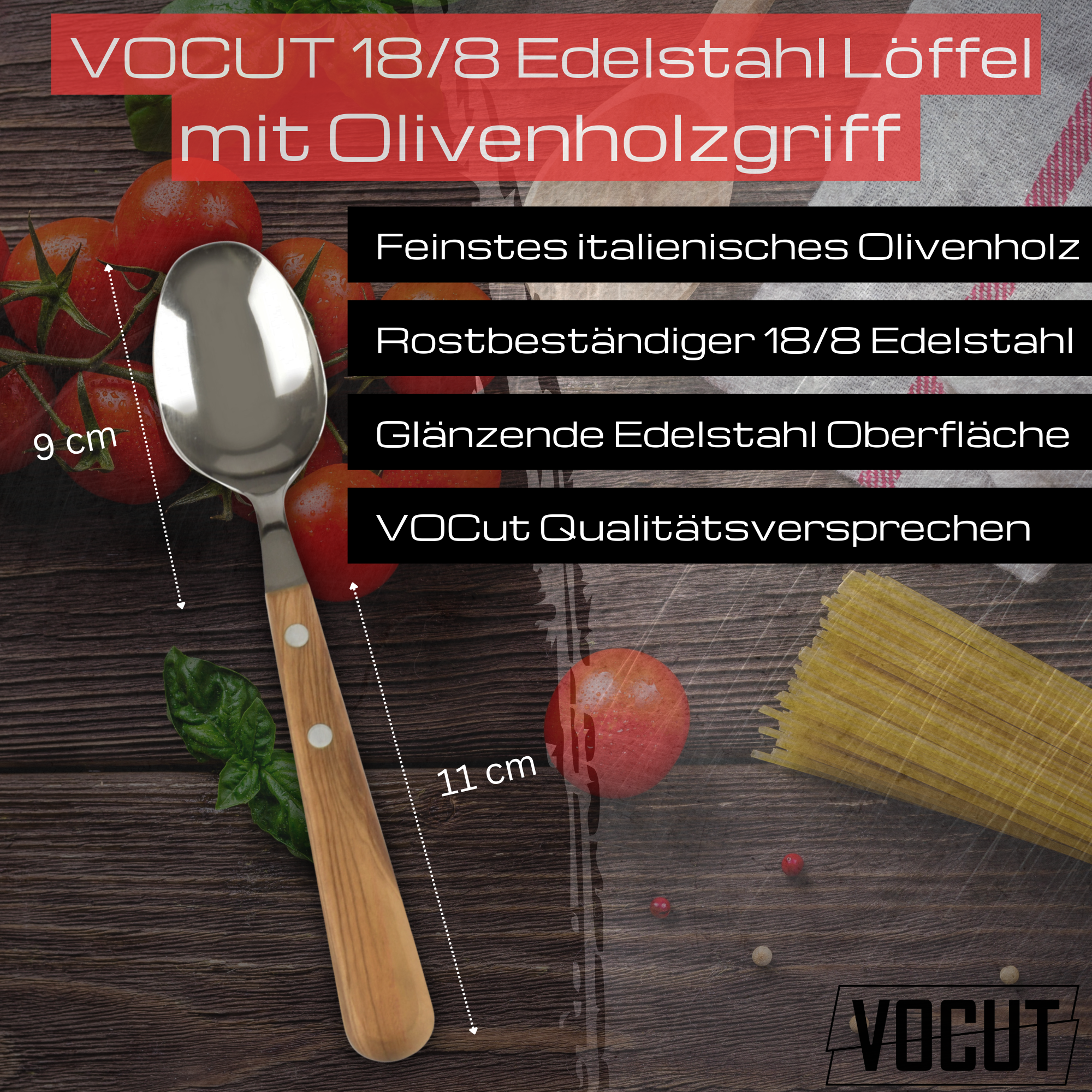 VOCut Edelstahl Gabel Löffel rostfrei Olivenholzgriff hochwertig 18/8 Besteckset