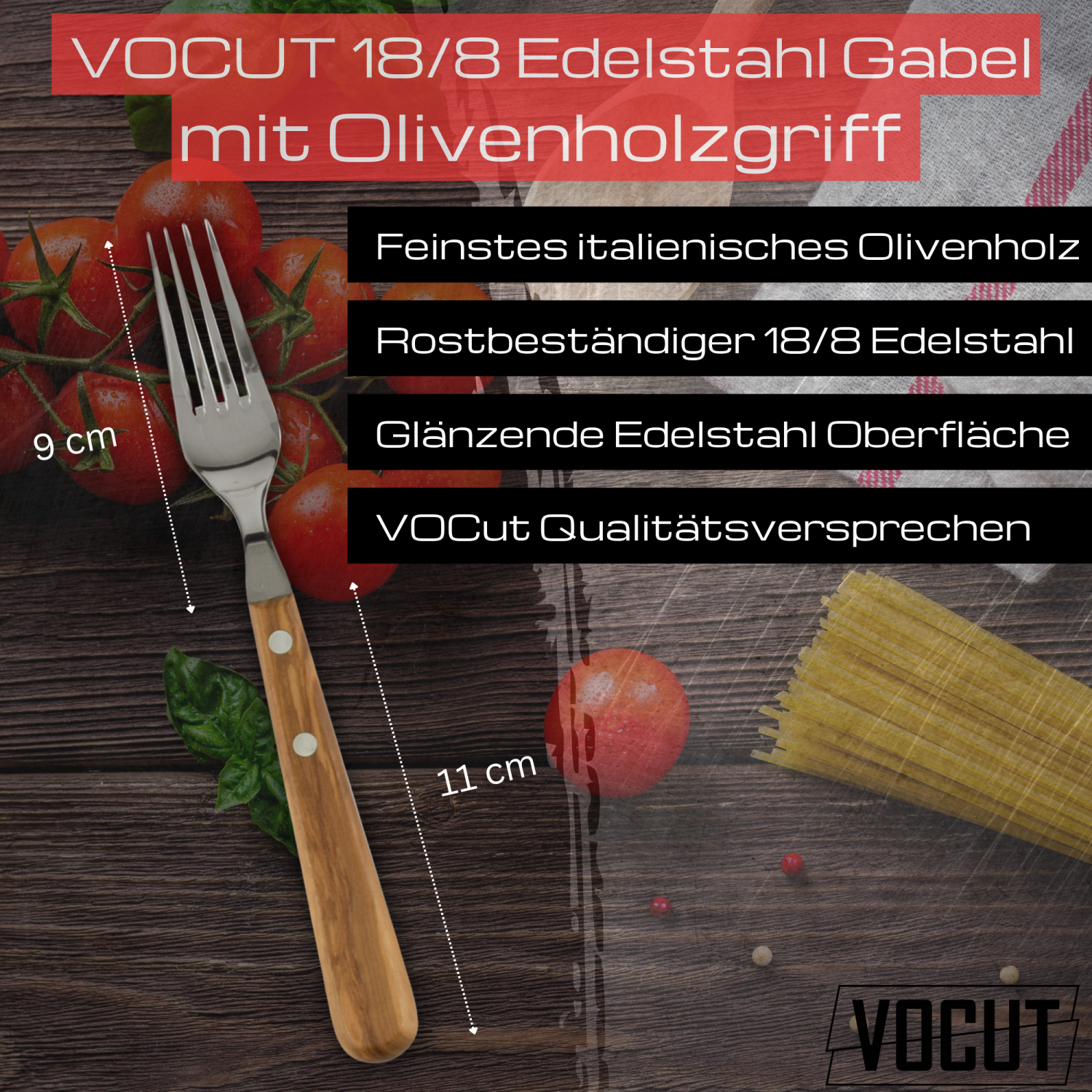 VOCut Edelstahl Gabel Löffel rostfrei Olivenholzgriff hochwertig 18/8 Besteckset