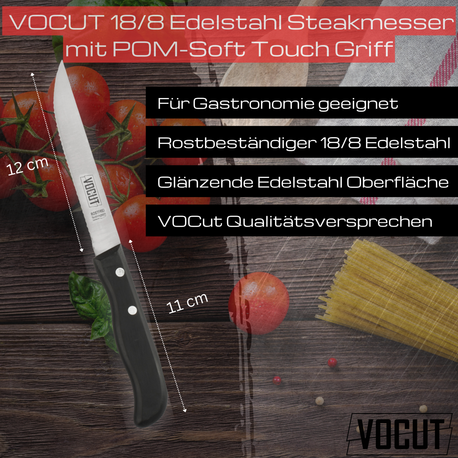 VOCUT Steakmesser Solingen Edelstahlklinge Wellenschliff ergonomischer POM-Griff