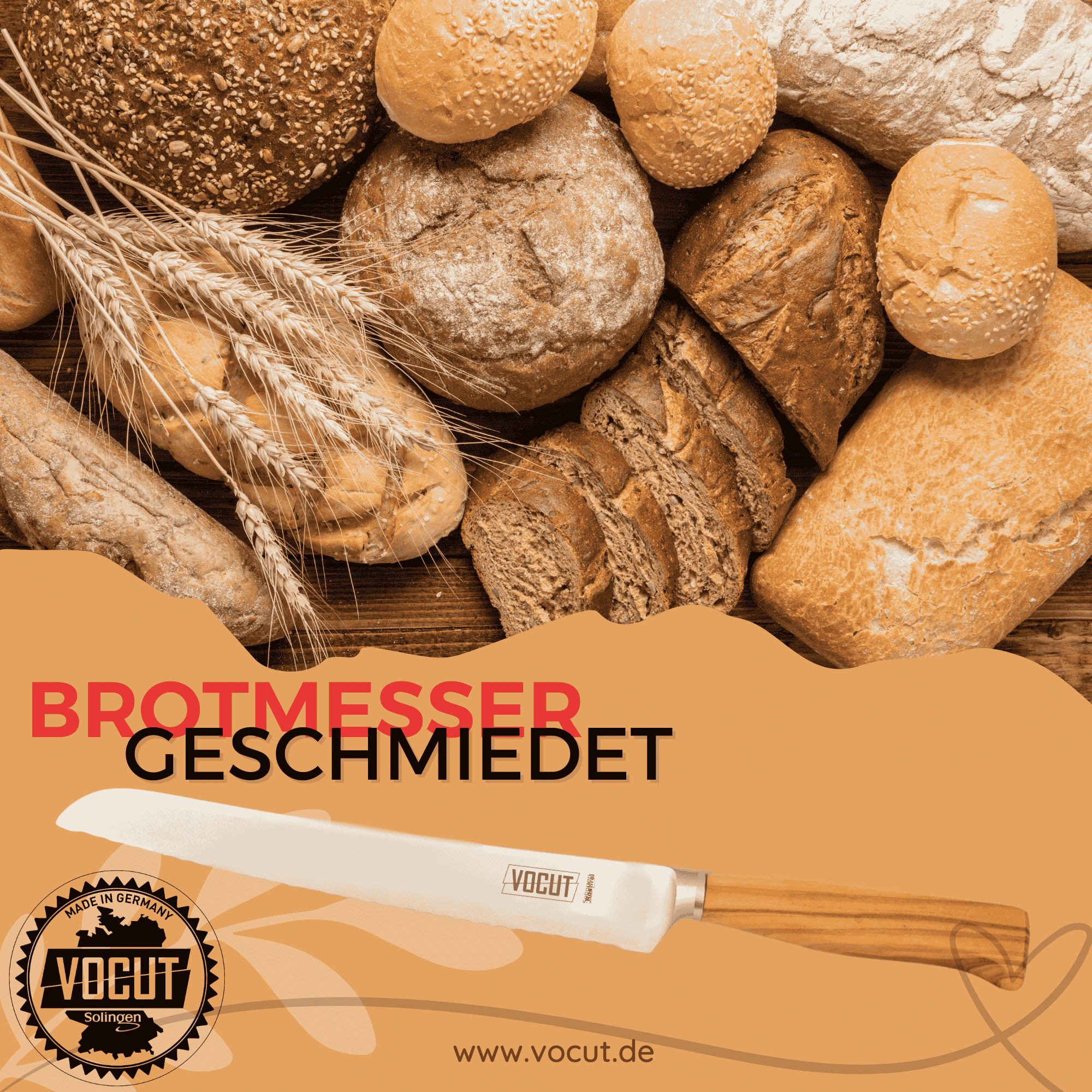 VOCUT Brotmesser 21 cm aus Solingen mit Wellenschliff und...