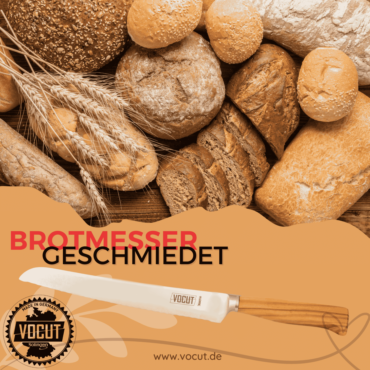 VOCUT Brotmesser 21 cm aus Solingen mit Wellenschliff und Olivenholzgriff – optional mit Lasergravur