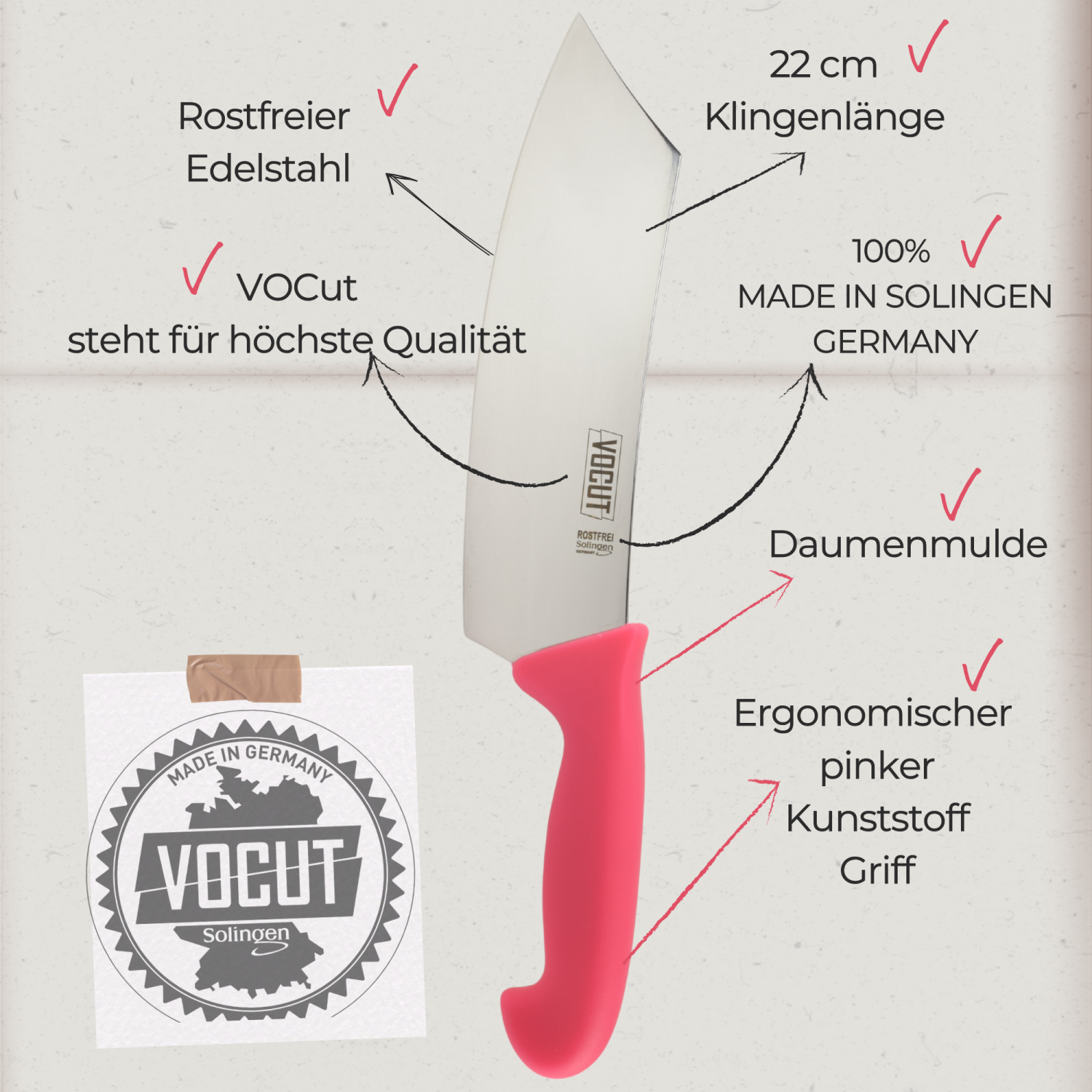 VOCut BBQ-Messer 22 cm, Solingen, Kunststoffgriff pink, Rostfrei