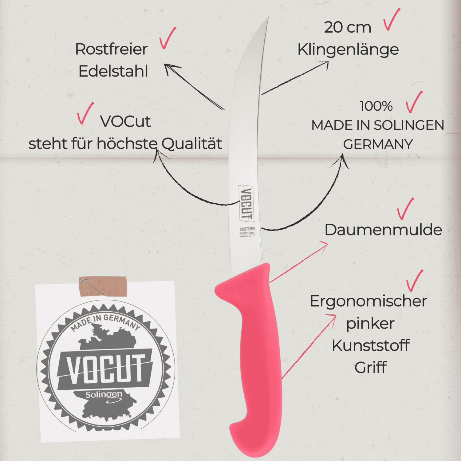 VOCut Zerlegemesser 20 cm, Solingen, Kunststoffgriff pink, Rostfrei