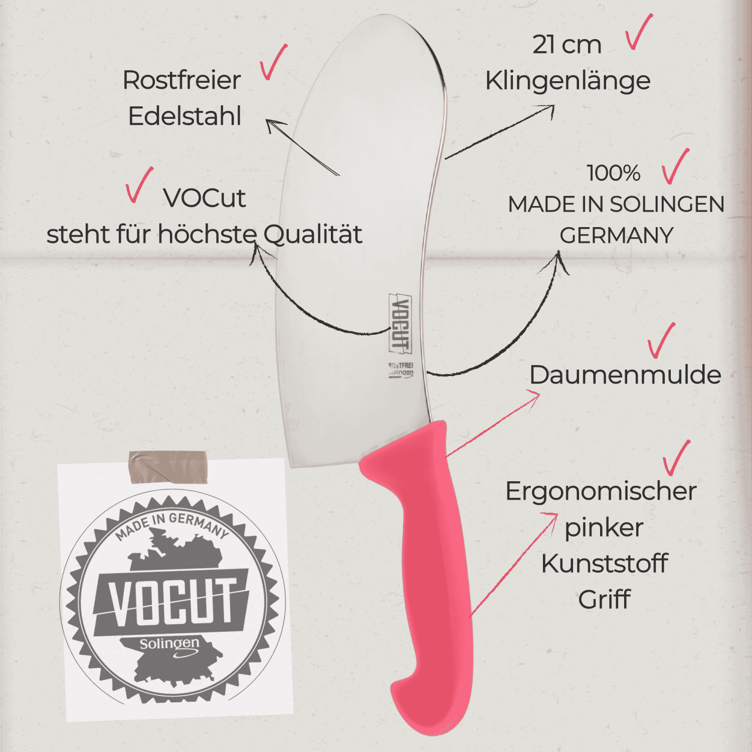 VOCut Wiegemesser 21 cm, Solingen, Kunststoffgriff pink, Rostfrei