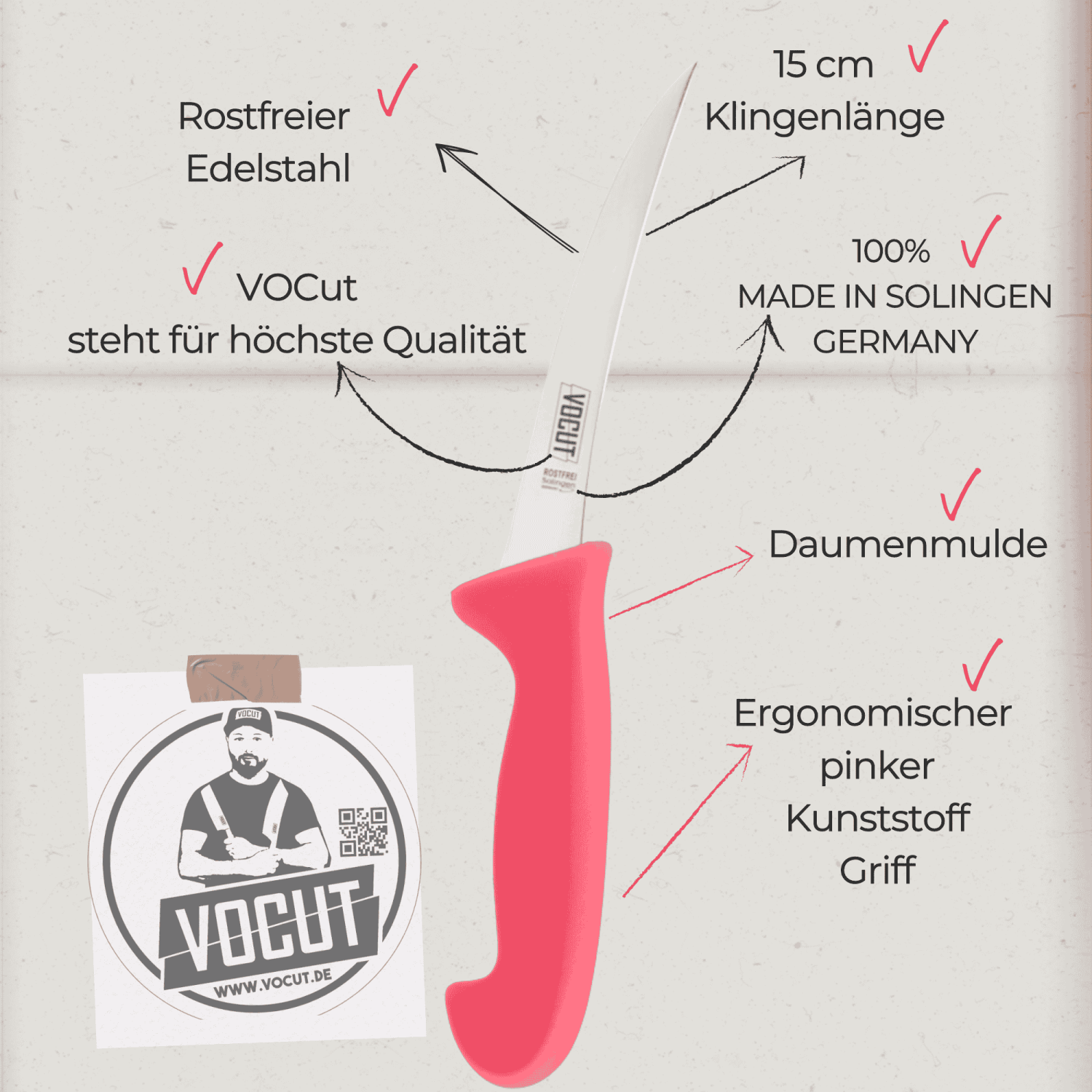 VOCut Ausbeinmesser 15 cm  gebogen Solingen Rostfrei Kunststoffgriff, pink