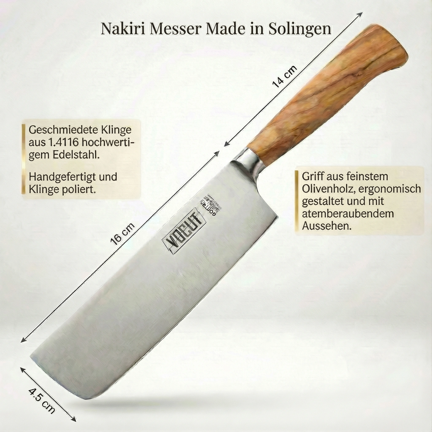 VOCUT Nakiri Messer 16 cm aus Solingen mit geschmiedeter Klinge und Olivenholzgriff – ohne Lasergravur