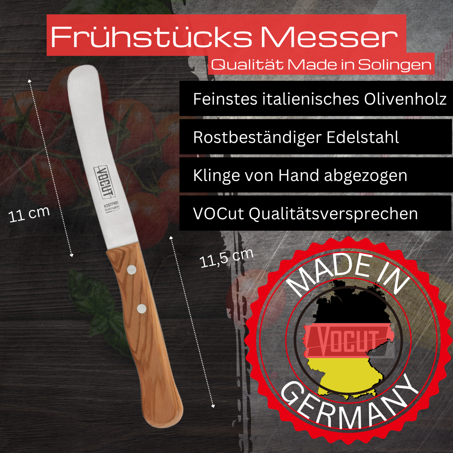 VOCUT Brötchenmesser Buckelsmesser 11 cm aus Solingen mit Olivenholzgriff und rostfreier Klinge – optional mit Lasergravur